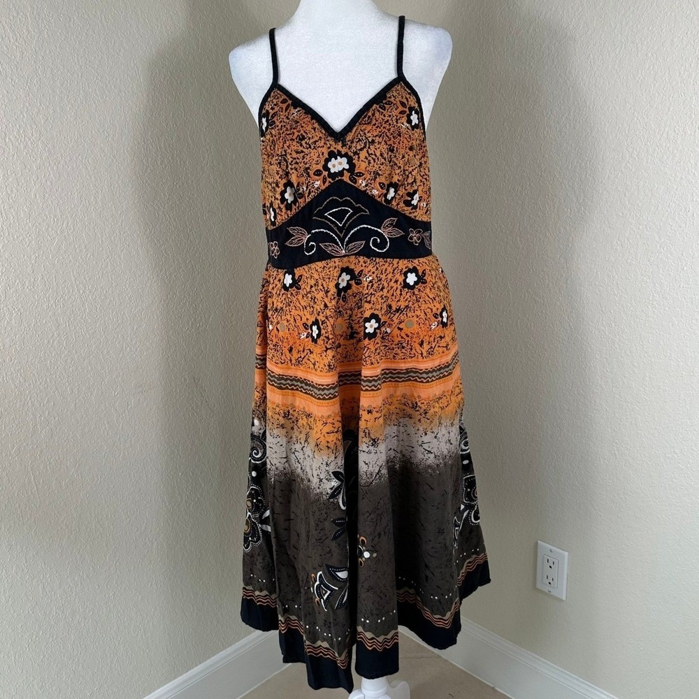 Magic Floral Midi Dress Womens S Orange Boho Festival Embroidered Cotton